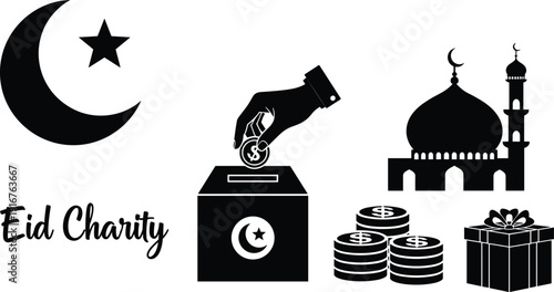 eid charity zakat donation islamic illustration mosque crescent giving box coins gift ramadan kareem fundraising concept vector