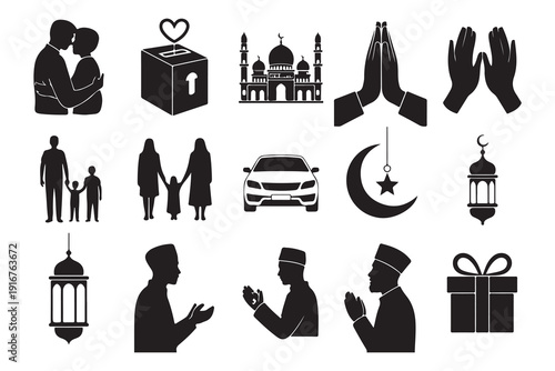 Set of islamic silhouettes, muslim family embracing, donations, praying, mosque, moon, lantern, gift and car