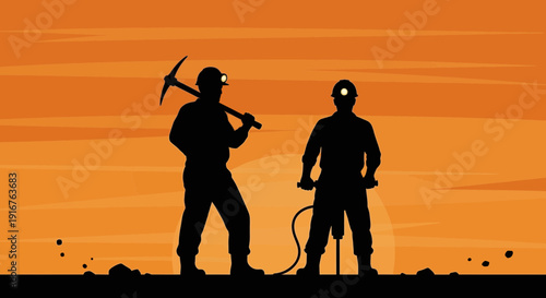 Silhouette of Miners Working with Pickaxe and Jackhammer at Sunset.