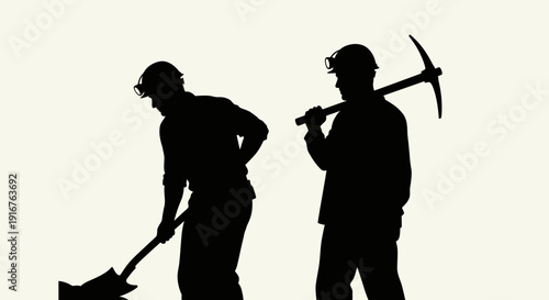 Silhouette of Miners Working with Shovel and Pickaxe.