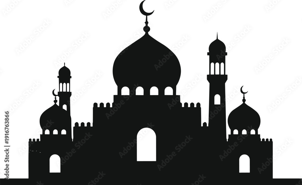 Fototapeta premium islamic mosque silhouette architecture ramadan religious building symbol minimalist black white vector illustration isolated design element