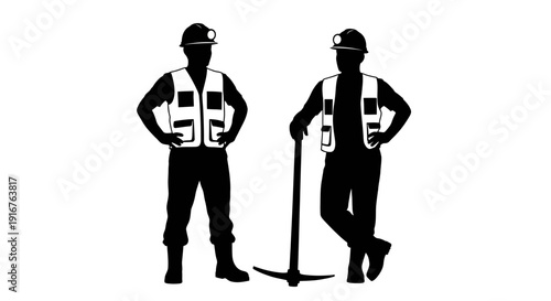 Silhouette of Two Miners with Safety Gear and Pickaxe.