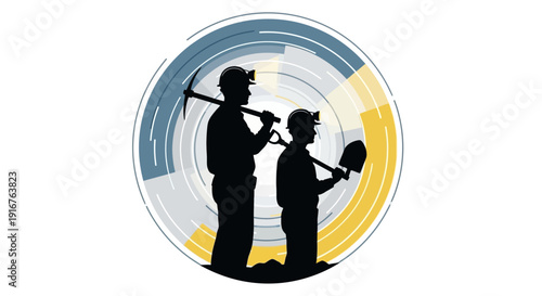 Silhouette of Two Miners with Tools in a Circular Design.