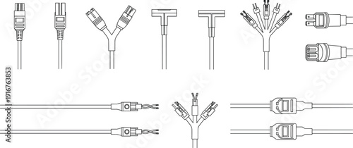 Technical, line, art, drawing, set, of, electrical, power, cables, connectors, wire, splitters, and, hardware, components, isolated, on, white, background, vector.