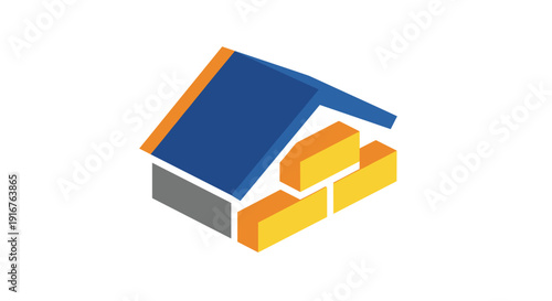 3D House Model with Blue Roof.