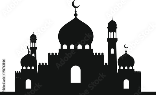 islamic mosque silhouette architecture ramadan religious building symbol minimalist black white vector illustration isolated design element