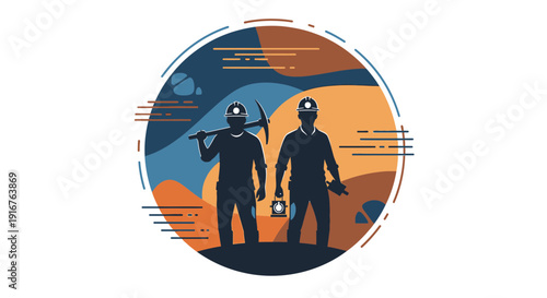 Silhouette of Two Miners with Tools in a Circular Design 1.