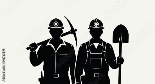 Silhouette of Two Miners with Tools Ready for Work 1.