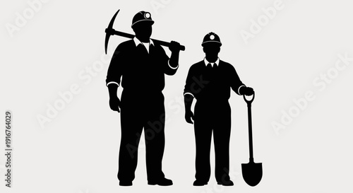 Silhouette of Two Miners with Tools Ready for Work.