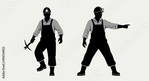 Silhouetted Coal Miners in Overalls with Pickaxe and Pointing Gesture.