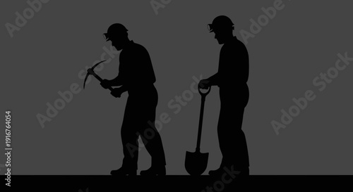 Silhouette of Two Miners Working with Pickaxe and Shovel.