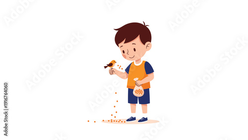 Happy boy gently feeding a small bird with seeds from a bag, creating a delightful trail of dropped seeds, depicting kindness towards nature.