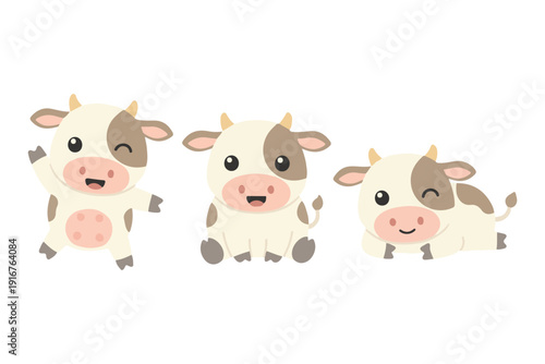 Cute Baby Cow Character Set in Playful Poses, Kawaii Spotted Dairy Cow Vector Illustration, Adorable Farm Animal Mascot Lying and Waving