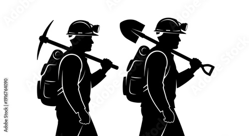 Silhouetted Miners with Pickaxe and Shovel Labor and Industry.