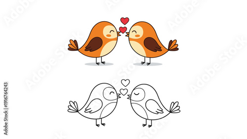 Side-by-side illustration of two cartoon birds kissing with floating hearts, presented in color and as a monochrome outline for coloring, depicting love and romance.