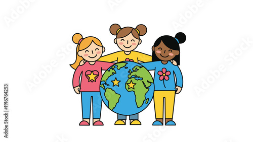 Three diverse smiling girls holding hands around a globe, beautifully symbolizing global unity, friendship, diversity, and international cooperation.