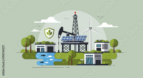 Sustainable Energy Integration Oil Rig Solar Panels and Wind Turbine.
