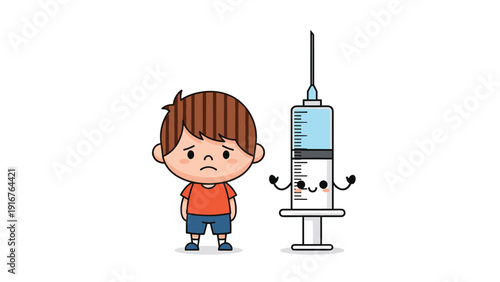 Sad boy stands next to a cheerful, personified syringe, illustrating the concept of vaccination or a medical procedure, evoking a mix of fear and comfort.