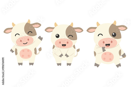 Adorable Spotted Calf Character Collection, Cute Dairy Cow Standing and Waving, Kawaii Farm Animal Vector Illustration for Children