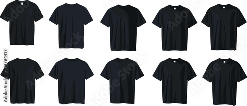 Black t shirt mockup bundle, realistic blank short sleeve apparel templates isolated vector set for fashion branding and print design