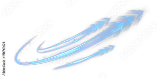 Blue glowing arrows with light trails isolated on transparent background.