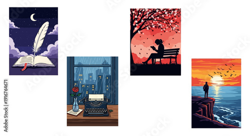 Inspirational scenes of writing and contemplation in nature and city