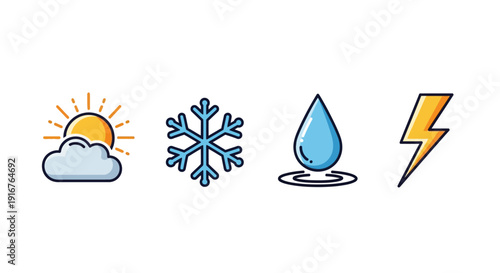 Weather icons for sunshine, snowflake, raindrop, and lightning bolt