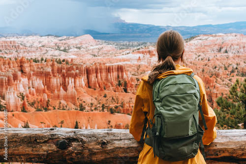 Hiker Watching Bryce Canyon From Scenic Overlook Viewpoint