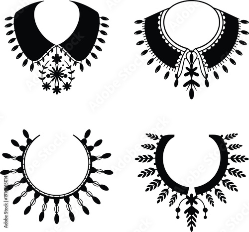 Decorative necklace collar silhouettes set, vintage floral bib jewelry elements isolated black vector collection for fashion accessory design