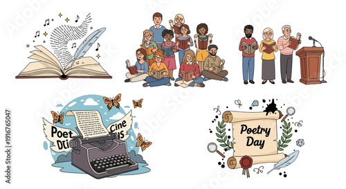 Vibrant illustrations celebrating literature and poetry in modern settings