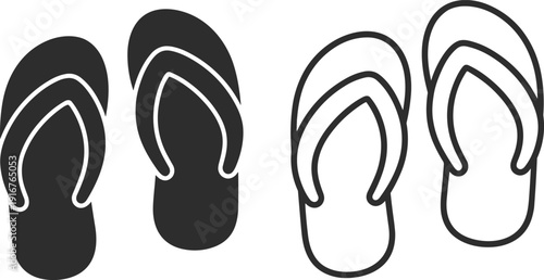 Flip flops sandals icon collection, solid and outline summer beach footwear silhouettes isolated vector illustration for vacation fashion design