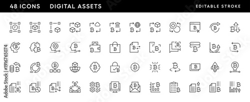 Digital asset line icon collection. Blockchain technology, digital money, encryption, virtual currency, token and more. Editable stroke. Pixel Perfect. Grid base 32 x 32.