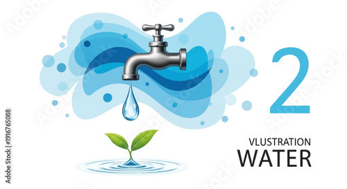 Fresh water dripping from modern faucet with green plant growing