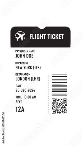 Modern boarding pass style flight ticket showing passenger name and routing details.