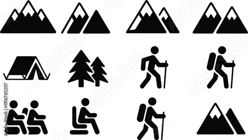 Mountain and camping icons collection, hiking backpacker tent forest and peak silhouettes isolated vector set for outdoor adventure travel design