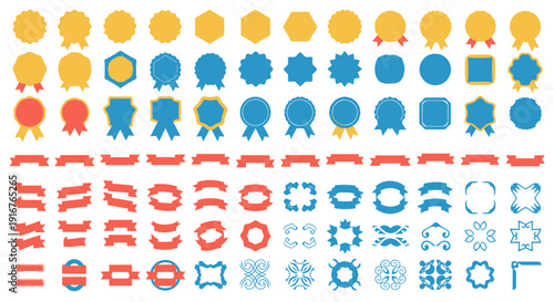 Collection of colorful award ribbons and badges icons in various shapes and designs on white background for recognition and achievement