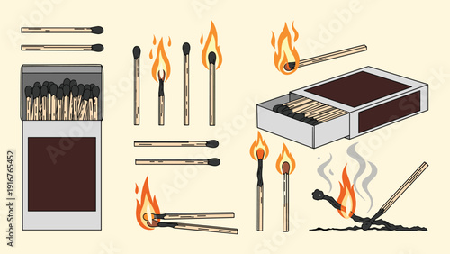 Comprehensive collection of matchsticks in various states, including unlit, burning, burned out, and stored in matchboxes, depicting fire, ignition, and light.
