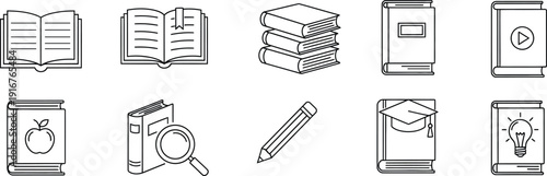 Collection of book and stationery icons in simple line art style