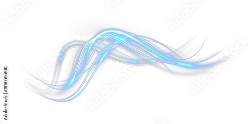 Light blue neon energy wave, glowing abstract light trail swirl isolated on transparent background.
