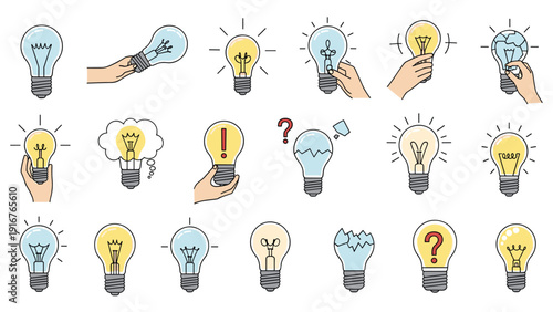 Comprehensive collection of diverse light bulb icons in various states and contexts, some held by hands, symbolizing ideas, inspiration, problems, and solutions.