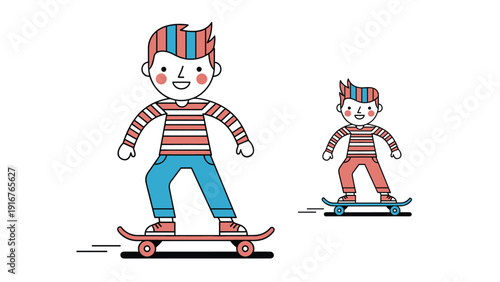 Side-by-side illustration of a smiling boy with striped shirt and colorful hair, skateboarding in two different sizes, depicting youth activity and scale variation.