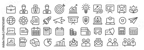 modern minimalist business icon collection, marketing strategy finance analytics communication leadership and growth symbols in line style.
