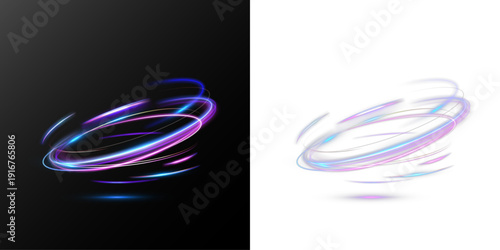 Light neon vortex swirl, purple and blue glowing energy ring isolated on transparent background.