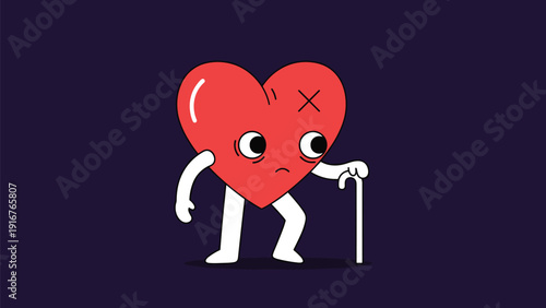 Cartoon illustration of an old, tired heart character with a walking cane and a bandage, depicting heart health issues, aging, or a broken heart.