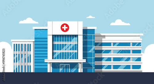 Hospital Building with Red Cross Sign.