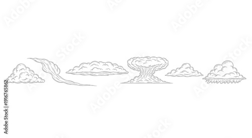 Line Art Clouds and Mushroom Cloud Illustration.