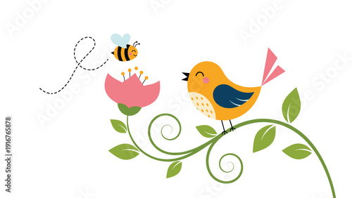 Cheerful bird perched on a leafy branch, happily singing, while a happy bee flies towards a blooming flower, beautifully symbolizing natural harmony and ecosystem vitality.