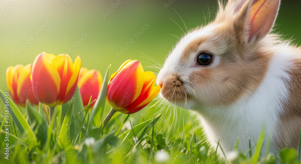 Fototapeta premium Brown and white bunny sniffing tulips in green meadow during spring 