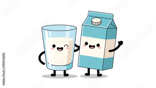 Cute personified glass of milk winks playfully next to a happy, personified milk carton, symbolizing healthy dairy products and wholesome nutrition.
