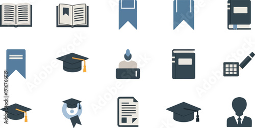 Education icons set with graduation caps and books
